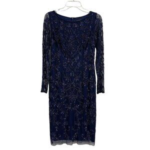 Adriana Papell Navy Blue Sequined and Beaded Long Sleeve Lined Midi Dress Size 4